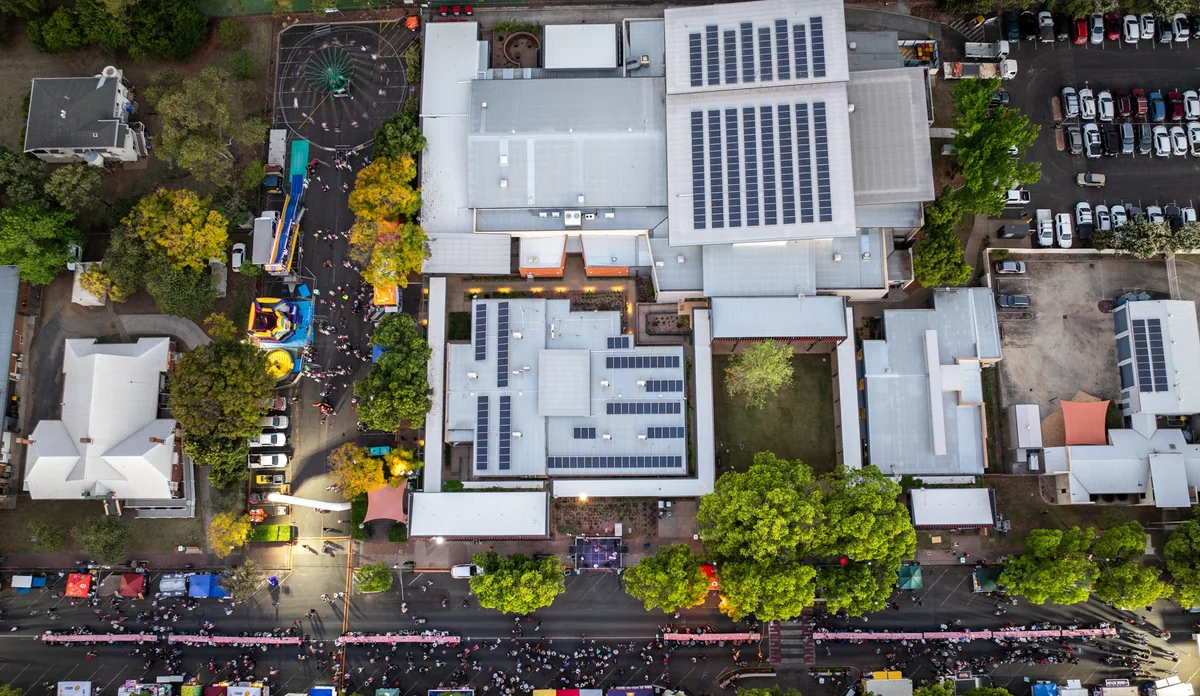Top-down aerial view of the One Long Table precinct in Heeney Street