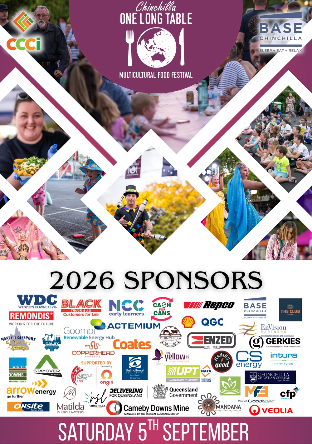 Official 2026 One Long Table sponsor board, showing CCCI and major sponsor BASE Chinchilla alongside the platinum, gold, silver, bronze, kids area and in-kind sponsors